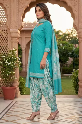 Teal printed cotton blend stitched geometric print salwar kurta dupatta for women