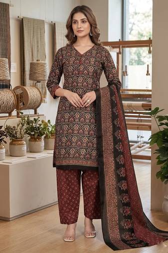 Brown printed cotton blend stitched ethnic motif print salwar kurta dupatta for women