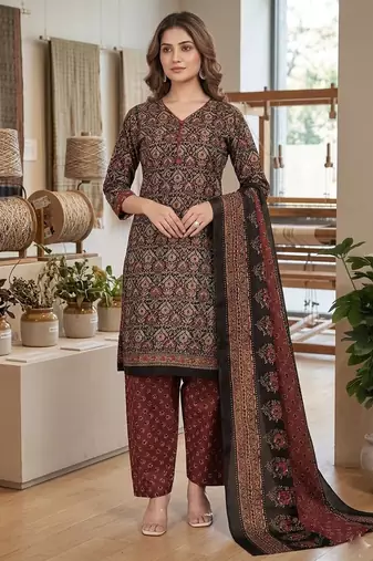 Brown printed cotton blend stitched ethnic motif print salwar kurta dupatta for women