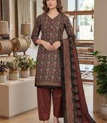 Brown printed cotton blend stitched ethnic motif print salwar kurta dupatta for women