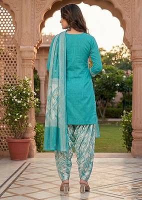 Teal printed cotton blend stitched geometric print salwar kurta dupatta for women 3