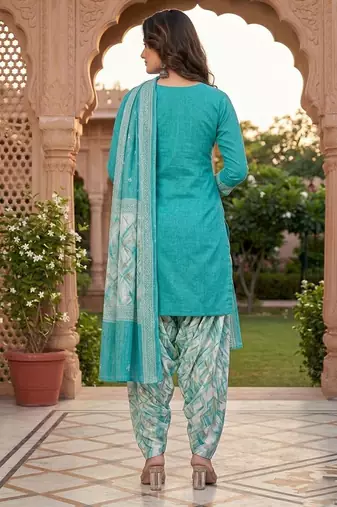 Teal printed cotton blend stitched geometric print salwar kurta dupatta for women