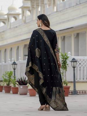 Black coding embroidery with sequins work roman silk straight kurti pant dupatta set 5