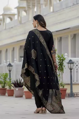 Black coding embroidery with sequins work  roman silk straight kurti pant dupatta set