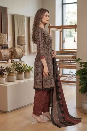 Brown printed cotton blend stitched ethnic motif print salwar kurta dupatta for women