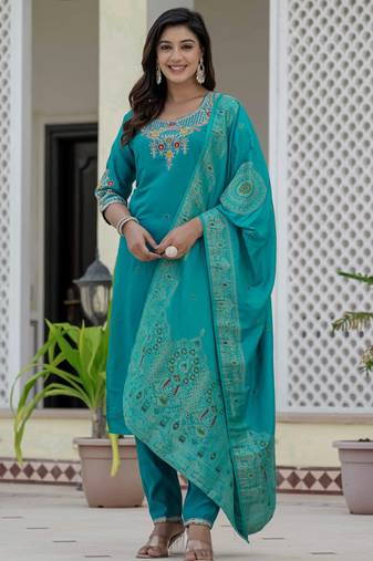Skyblue coding embroidery with sequins work  roman silk straight kurti pant dupatta set