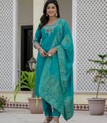 Skyblue coding embroidery with sequins work  roman silk straight kurti pant dupatta set