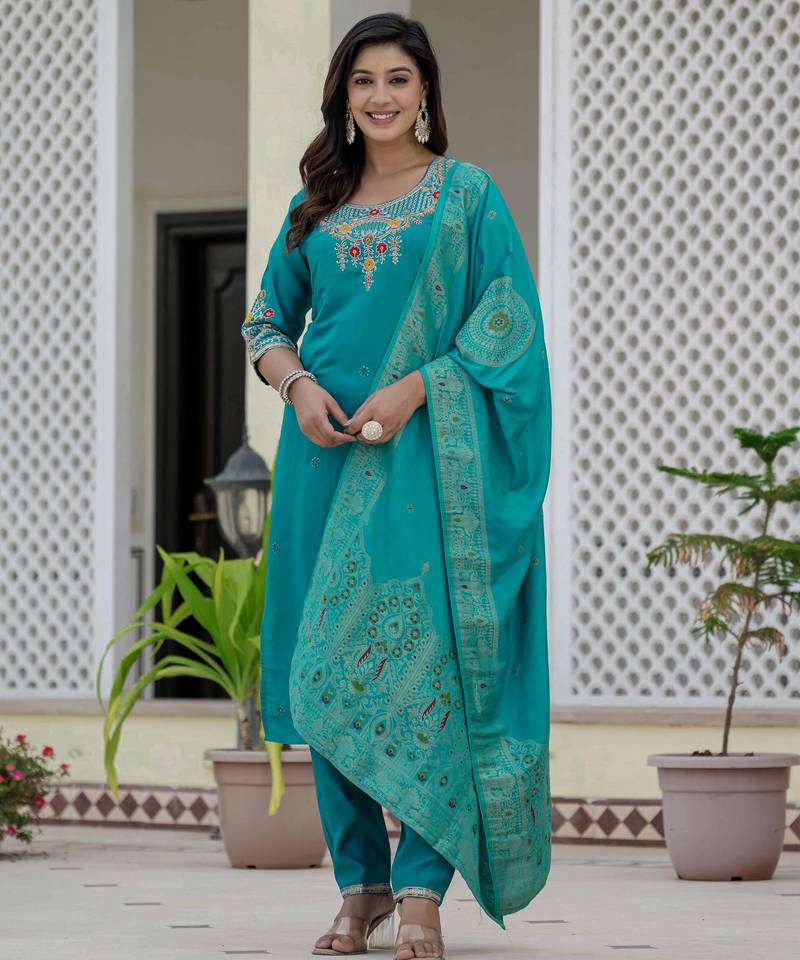 Skyblue coding embroidery with sequins work  roman silk straight kurti pant dupatta set