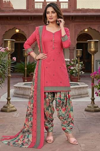 Peach printed cotton blend stitched floral print salwar kurta dupatta for women