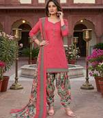 Peach printed cotton blend stitched floral print salwar kurta dupatta for women