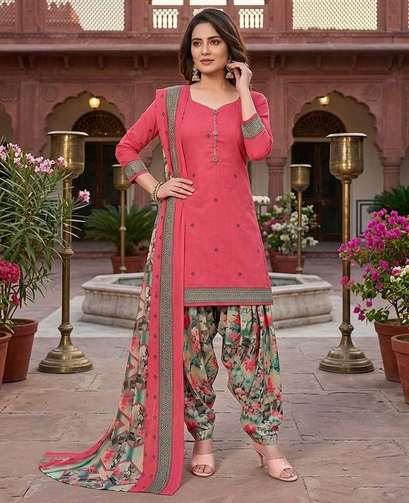 Peach printed cotton blend stitched floral print salwar kurta dupatta for women