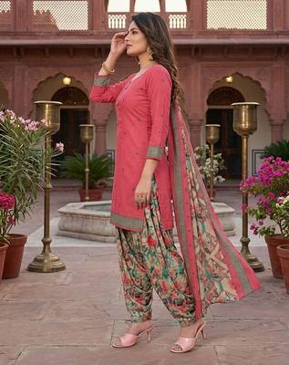 Peach printed cotton blend stitched floral print salwar kurta dupatta for women 2