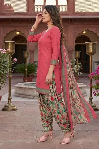 Peach printed cotton blend stitched floral print salwar kurta dupatta for women