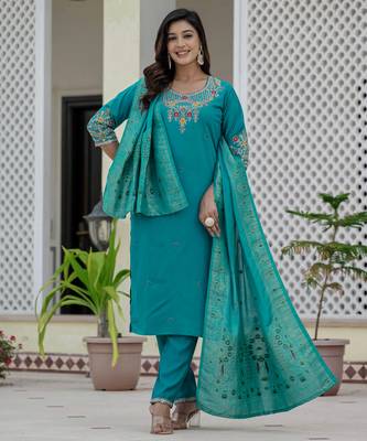 Skyblue coding embroidery with sequins work roman silk straight kurti pant dupatta set 2