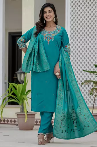 Skyblue coding embroidery with sequins work  roman silk straight kurti pant dupatta set