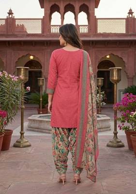 Peach printed cotton blend stitched floral print salwar kurta dupatta for women 3