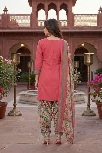 Peach printed cotton blend stitched floral print salwar kurta dupatta for women