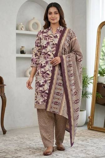 Purple printed cotton blend stitched floral print salwar kurta dupatta for women