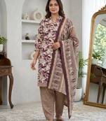 Purple printed cotton blend stitched floral print salwar kurta dupatta for women