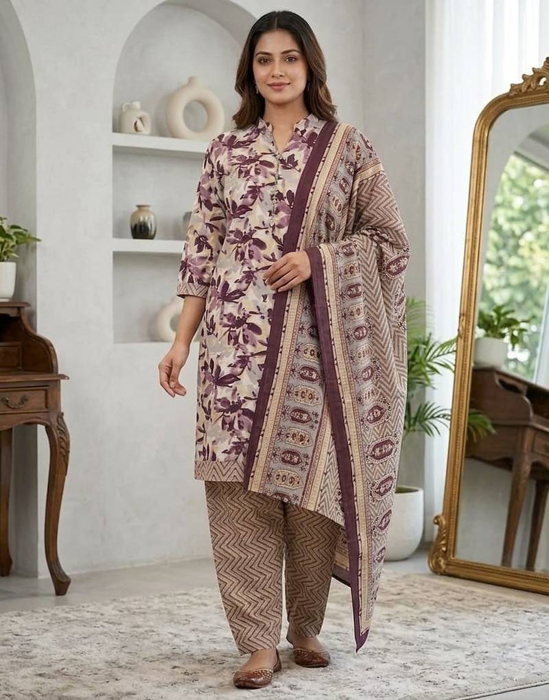 Purple printed cotton blend stitched floral print salwar kurta dupatta for women