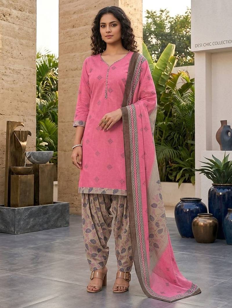 Peach printed cotton blend stitched geometric print salwar kurta dupatta for women