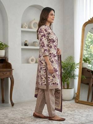 Purple printed cotton blend stitched floral print salwar kurta dupatta for women 2