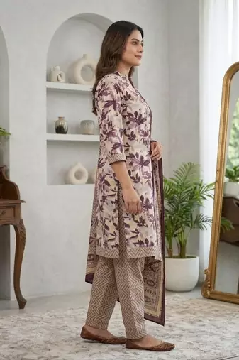 Purple printed cotton blend stitched floral print salwar kurta dupatta for women