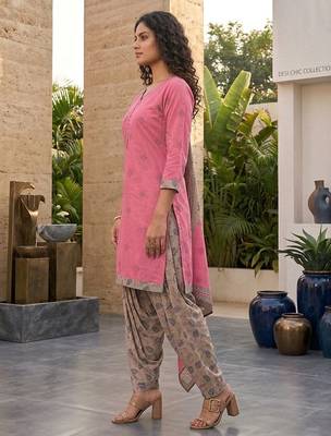 Peach printed cotton blend stitched geometric print salwar kurta dupatta for women 2