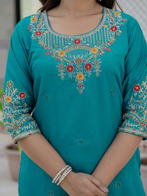 Skyblue coding embroidery with sequins work roman silk straight kurti pant dupatta set 3