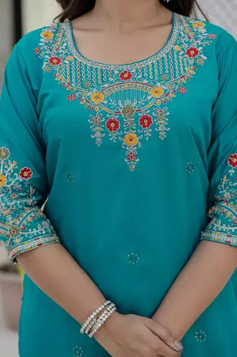 Skyblue coding embroidery with sequins work  roman silk straight kurti pant dupatta set