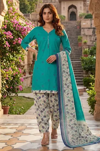 Teal printed cotton blend stitched geometric print salwar kurta dupatta for women