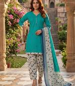 Teal printed cotton blend stitched geometric print salwar kurta dupatta for women