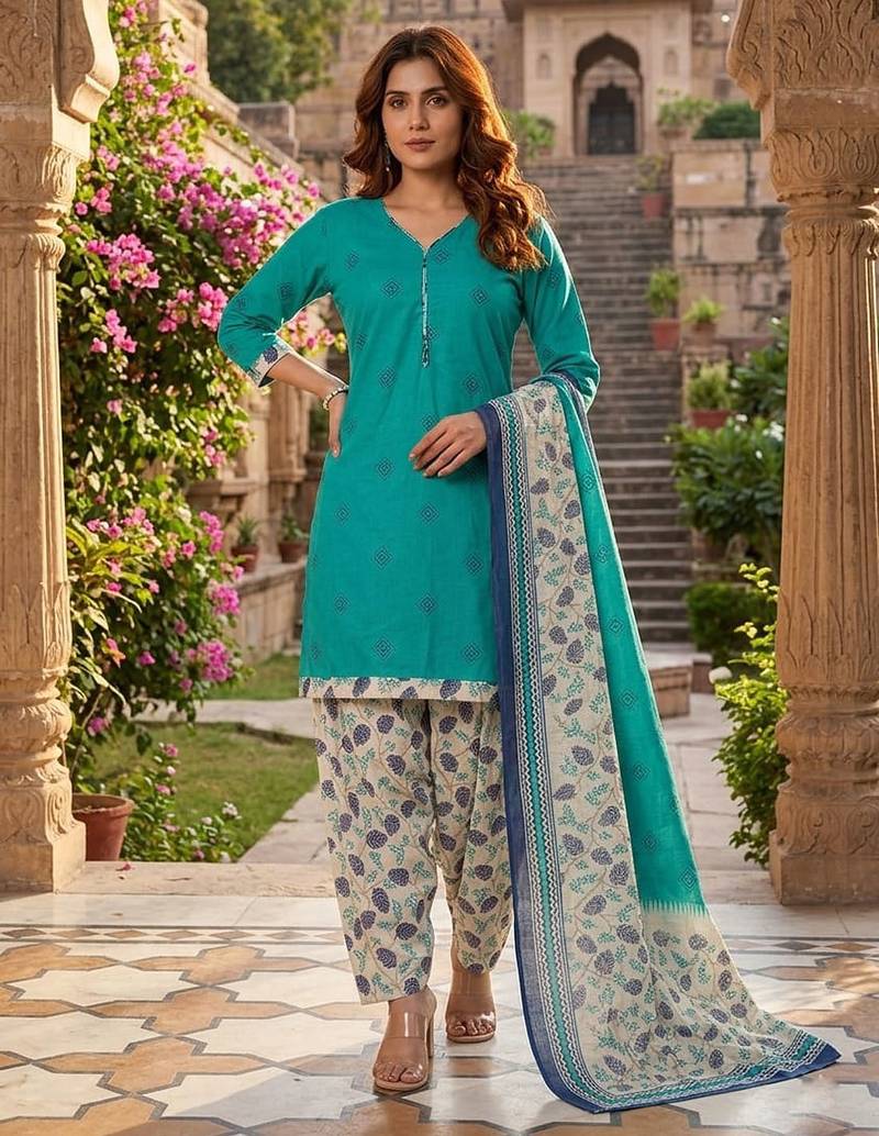 Teal printed cotton blend stitched geometric print salwar kurta dupatta for women