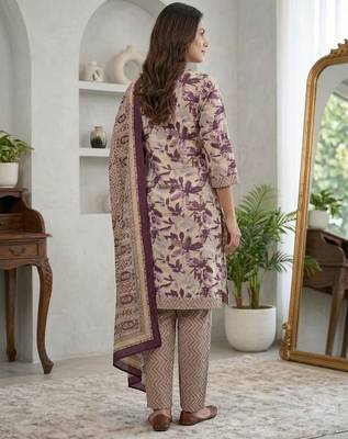 Purple printed cotton blend stitched floral print salwar kurta dupatta for women 3