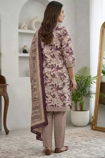 Purple printed cotton blend stitched floral print salwar kurta dupatta for women