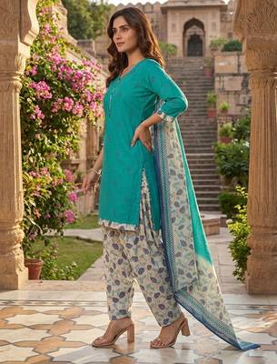 Teal printed cotton blend stitched geometric print salwar kurta dupatta for women 2