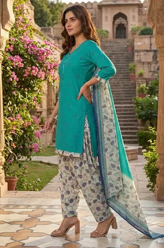Teal printed cotton blend stitched geometric print salwar kurta dupatta for women