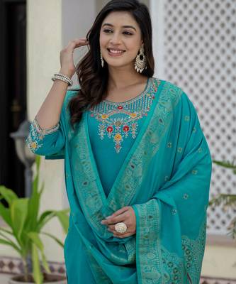 Skyblue coding embroidery with sequins work roman silk straight kurti pant dupatta set 4