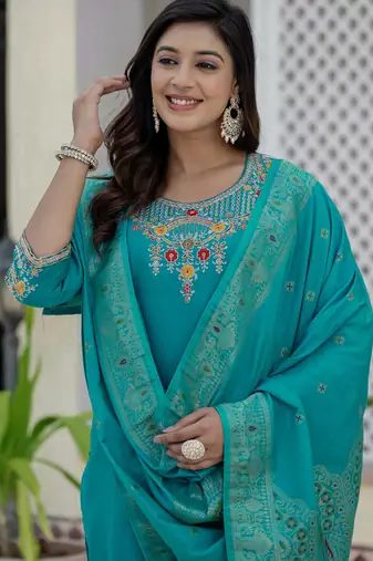 Skyblue coding embroidery with sequins work  roman silk straight kurti pant dupatta set