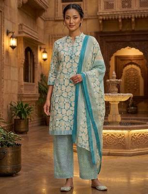 Teal printed cotton blend stitched geometric print salwar kurta dupatta for women 1