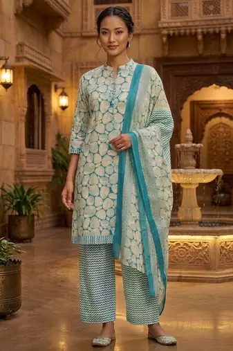 Teal printed cotton blend stitched geometric print salwar kurta dupatta for women