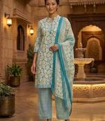 Teal printed cotton blend stitched geometric print salwar kurta dupatta for women