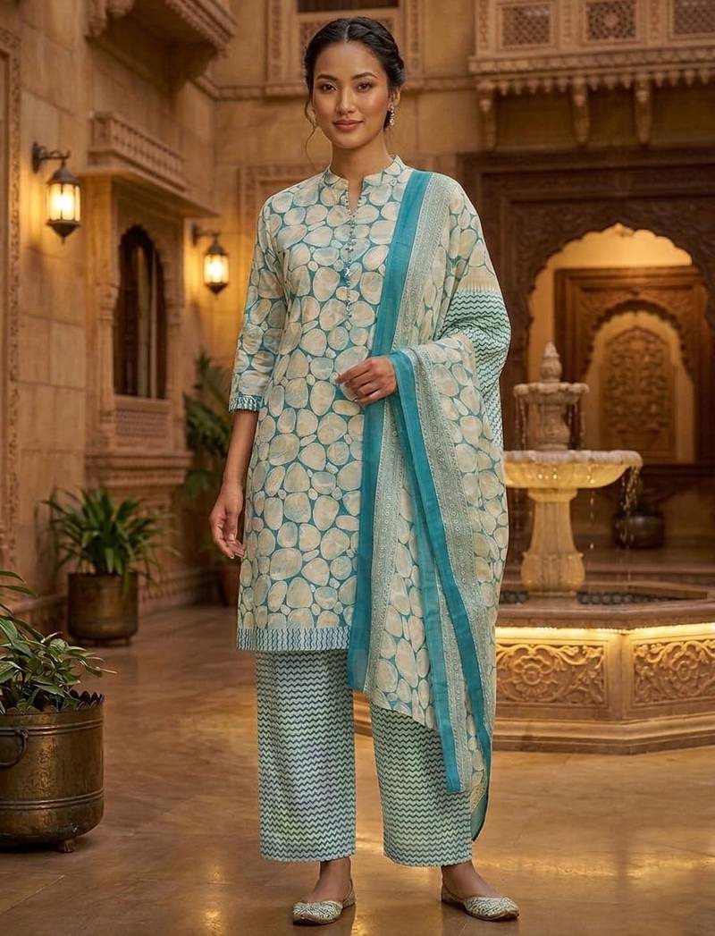 Teal printed cotton blend stitched geometric print salwar kurta dupatta for women