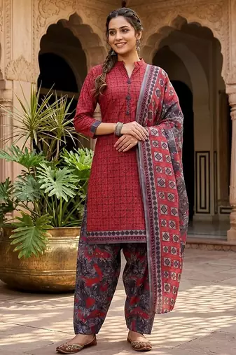 Red printed cotton blend stitched geometric print salwar kurta dupatta for women