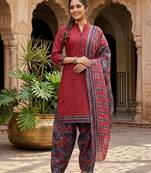Red printed cotton blend stitched geometric print salwar kurta dupatta for women