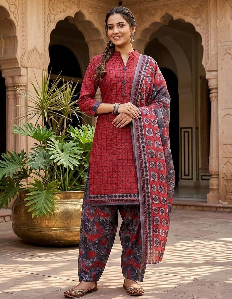 Red printed cotton blend stitched geometric print salwar kurta dupatta for women