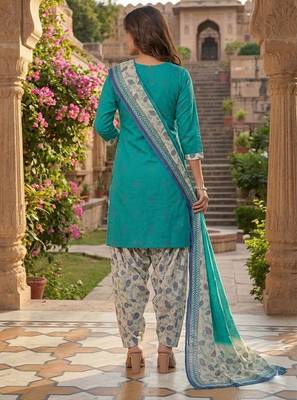 Teal printed cotton blend stitched geometric print salwar kurta dupatta for women 3