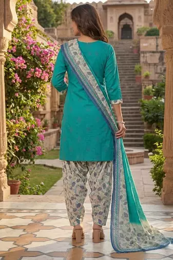Teal printed cotton blend stitched geometric print salwar kurta dupatta for women