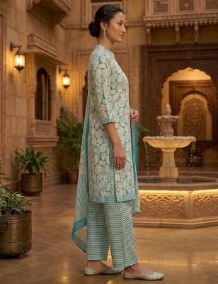 Teal printed cotton blend stitched geometric print salwar kurta dupatta for women 2