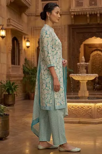 Teal printed cotton blend stitched geometric print salwar kurta dupatta for women